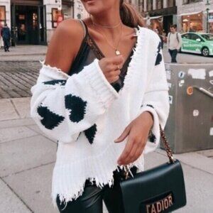 Wildfox Palmetto Hearts Print Distressed Crop Sweater